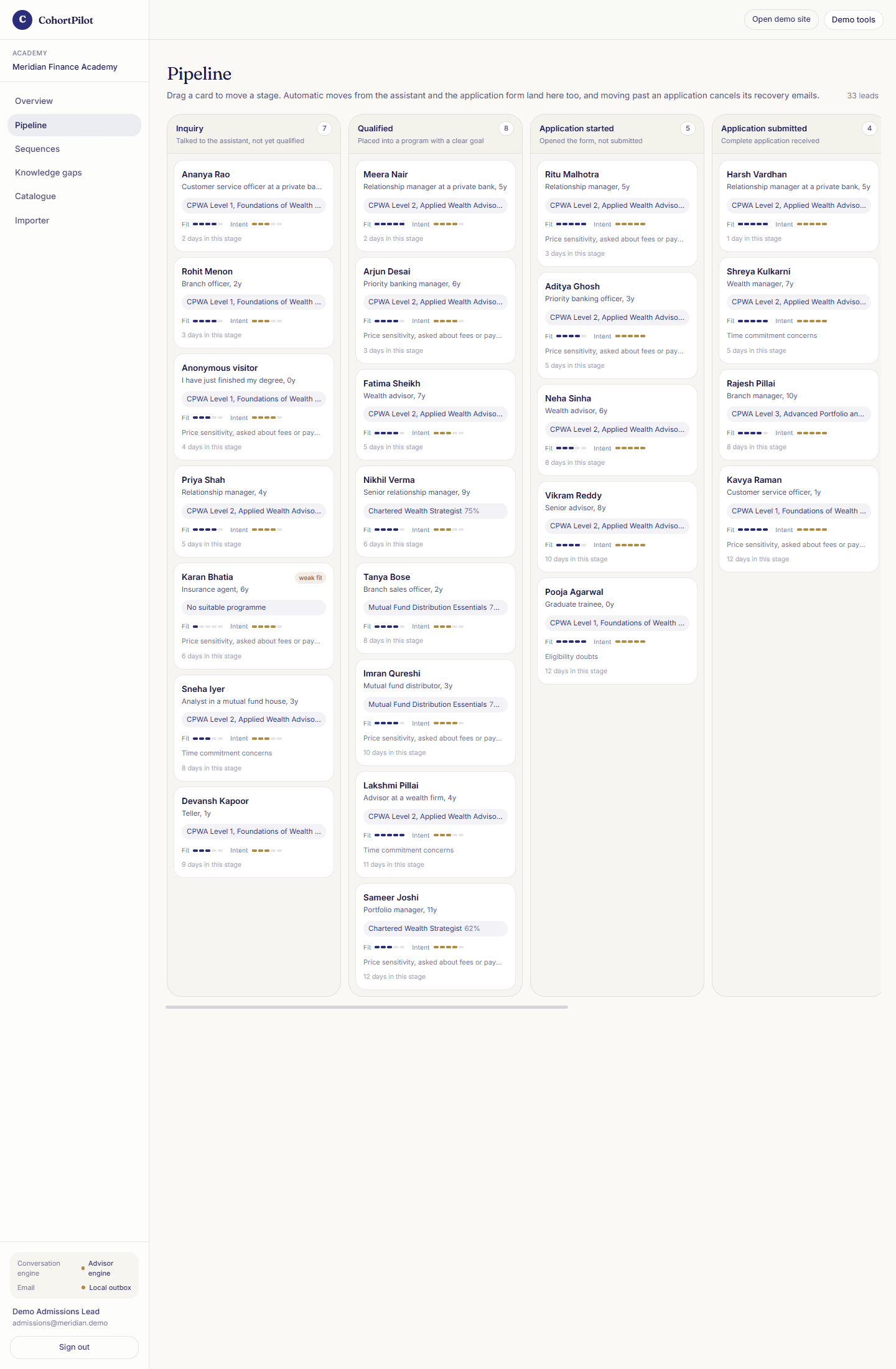 The CohortPilot pipeline board showing leads across the inquiry, qualified, application and enrolled stages